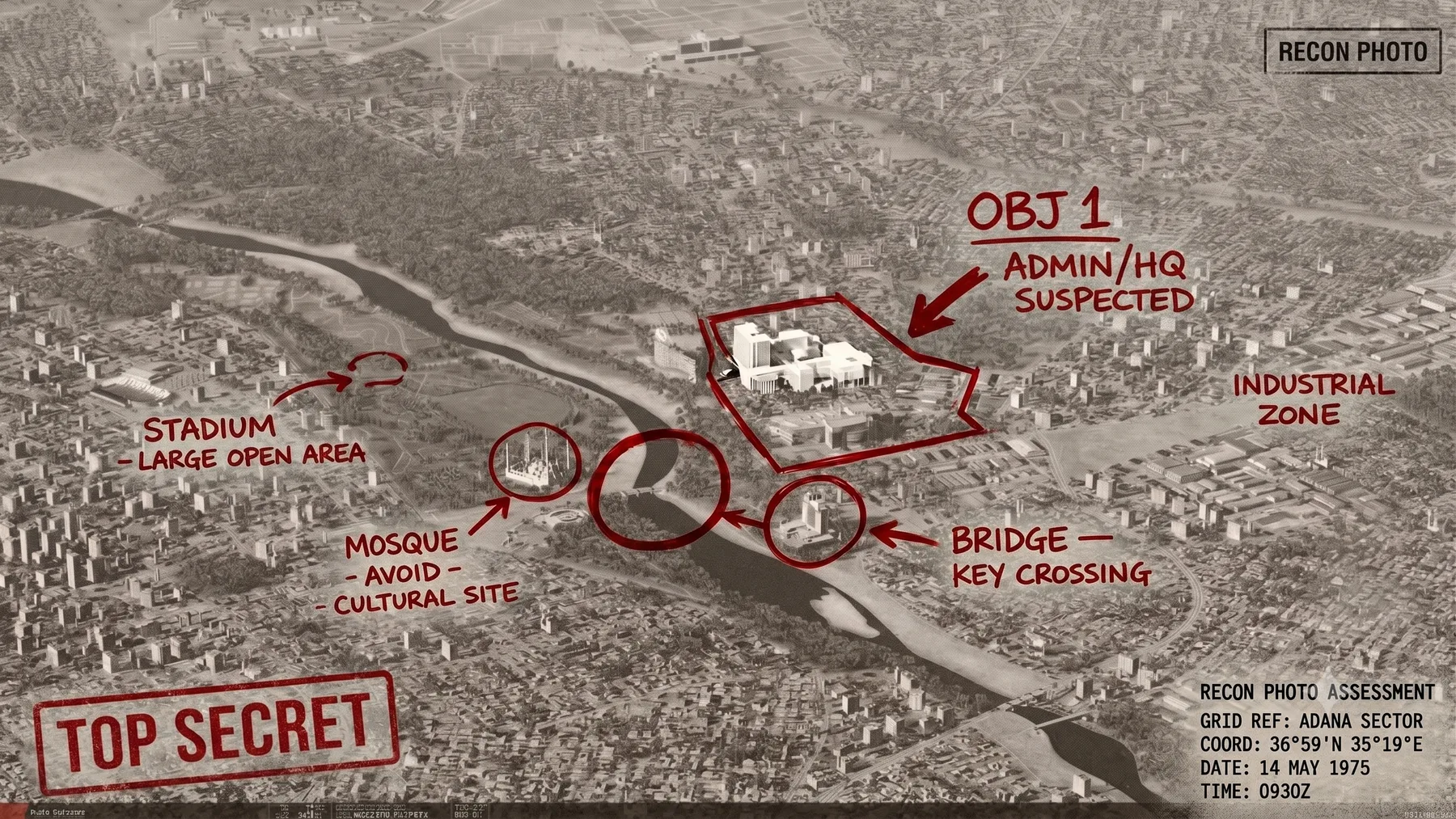 Photo oblique du secteur d'Adana : OBJ 1 administratif au nord du fleuve, pont, stade, mosquée à éviter, zone industrielle