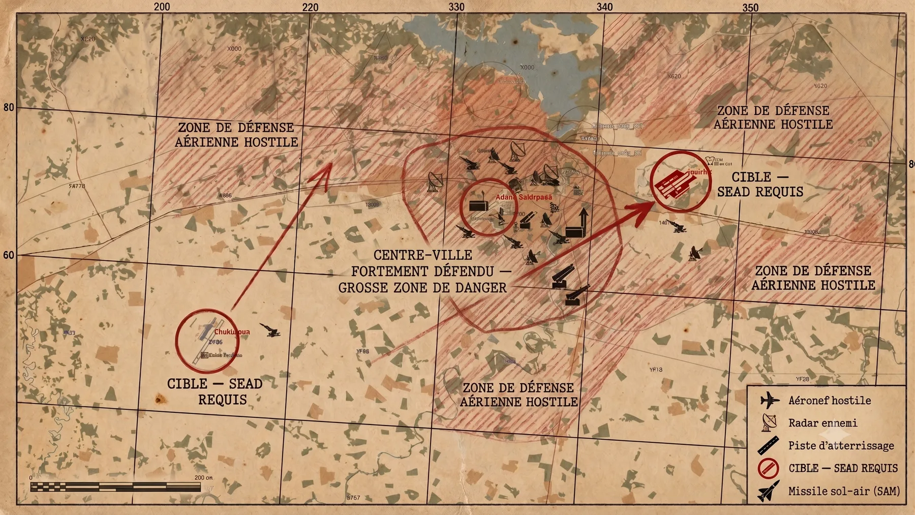 Carte tactique SEAD : zones de défense aérienne hostile hachurées, Şakirpaşa au centre, cibles SEAD à Chukurova et sur le terrain Bravo