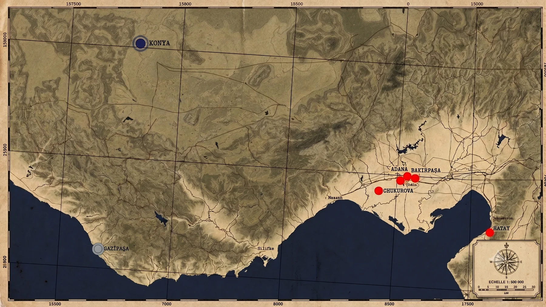 Carte du théâtre au 1:500 000 : Gazipaşa sur la côte, Konya à l'arrière, objectifs rouges autour d'Adana et Hatay à l'est